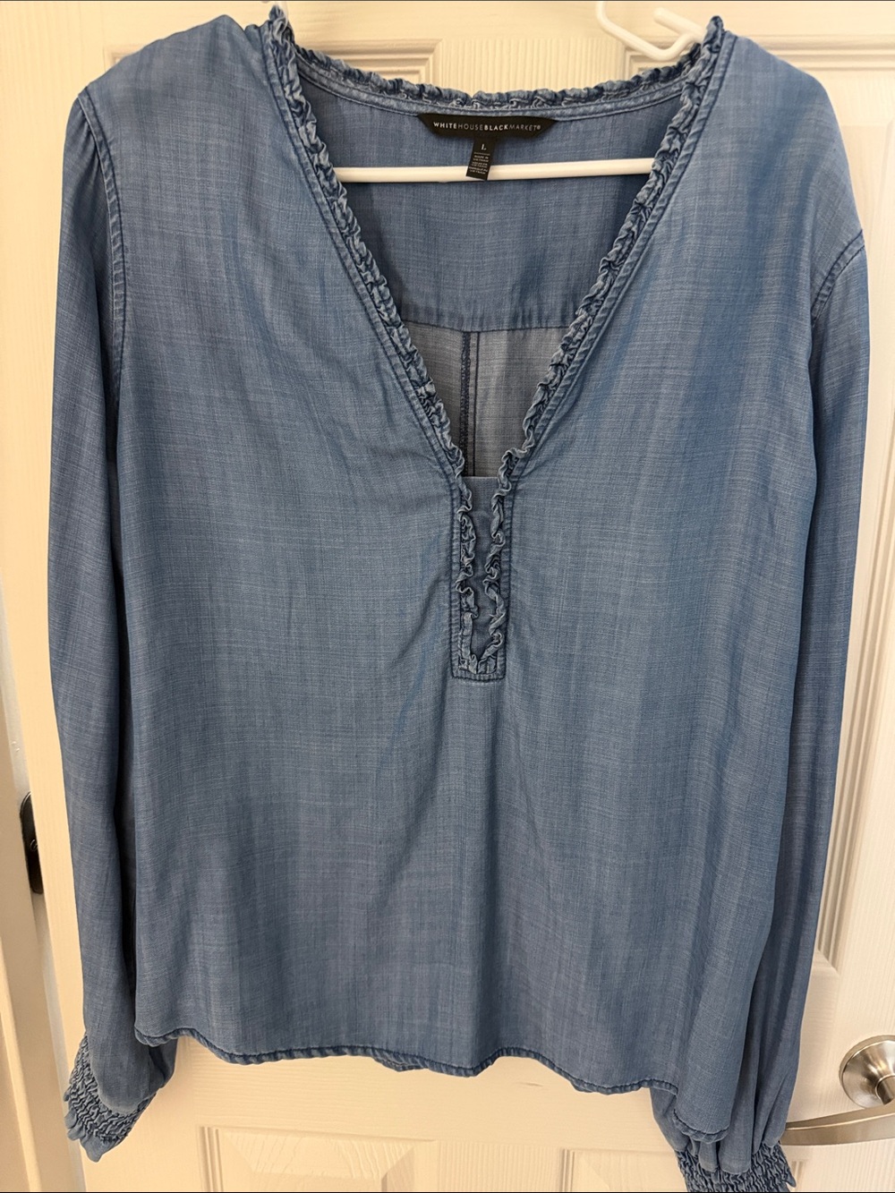 White House Black Market Chambray Blue Ruffle V-Neck Tunic